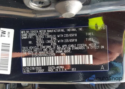 2022 Toyota Highlander Xle z USA, uszkodzony, nr VIN 5TDHZRBHXNS233906